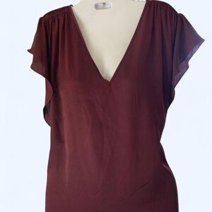 White House Black Market Burgundy  satin texture blouse w ruffled sleeves M